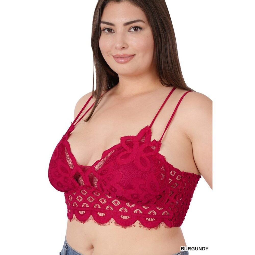 1X Burgundy Lace Bralette with Bra Pads Zenana double adjustable straps smocked